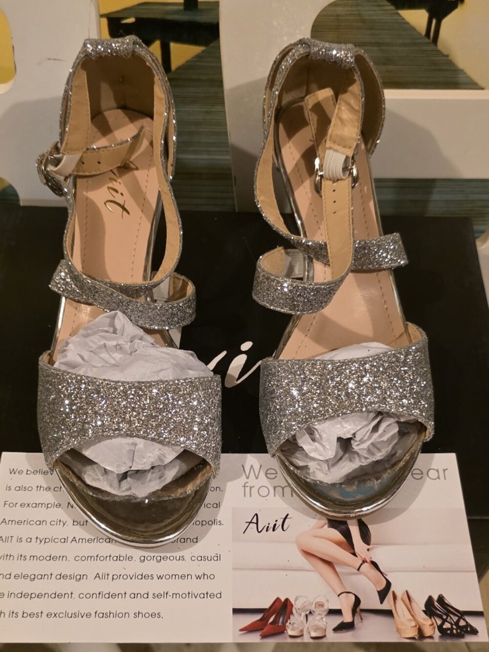 Aiit Silver Glitter Wedge Heels Sandals Women Size 37 US 6.5 Wedding Dressy Ne